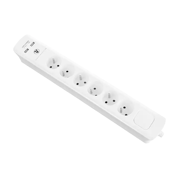 Power strip with surge protection and main switch, 6 schuko sockets, 2 USB chargers, cable 3x1mm², 3m long