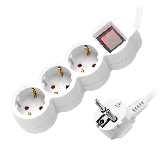 Extension sockets 3x 2P+E (schuko), with a central switch and a cord 5m long H05VV-F 3x1.0mm², white