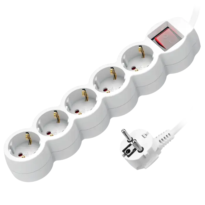 Extension sockets 5x 2P+E (schuko), with a central switch and a cord 5m long H05VV-F 3x1.0mm², white