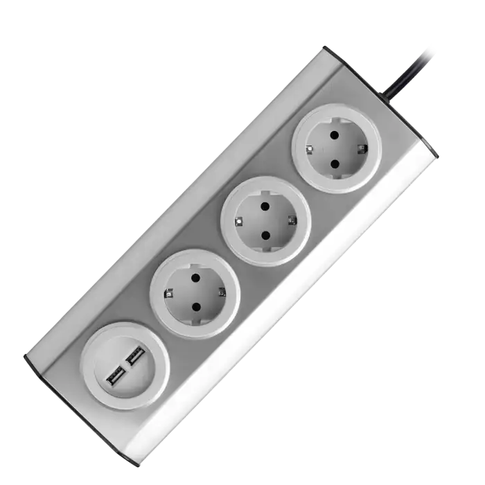 Set of power sockets with USB charger suitable for furniture and kitchen, with velcro mounting strips and a cord 1.5 m long -3x2P+E (schuko), 2xUSB, INOX.