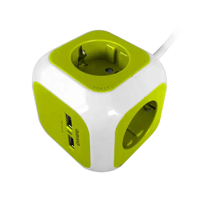 Cubical extension cord, 4 schuko sockets, 2 x USB charger, 1.4 m cable, lime