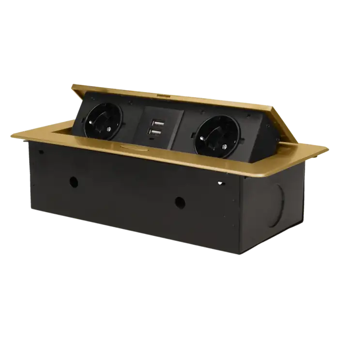 Recessed furniture sockets in a housing with a flat edge and USB charger, 2x2P+E (Schuko), 2xUSB, brass color