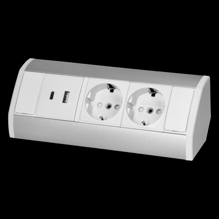 Furniture socket 2x2P+E, 2xUSB (A+C type; 2.4A), white-silver