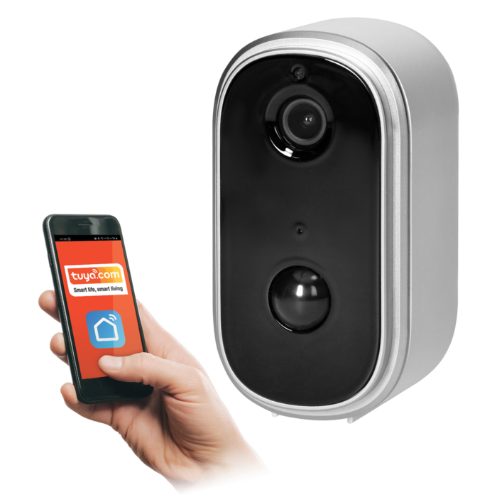 Wifi camera IP65 συμβατή με TUYA app. Ηχείο, μικρόφωνο, SD card, μπαταρία ενσωματωμένη που φορτίζει με USB