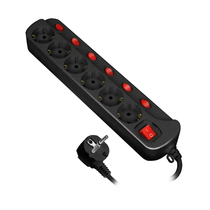 Multiswitch power strip with 6 2P+E sockets (Schuko type), cable 3x1mm², 1.5m long. Thermal protection switch, 10A/230 VAC, black