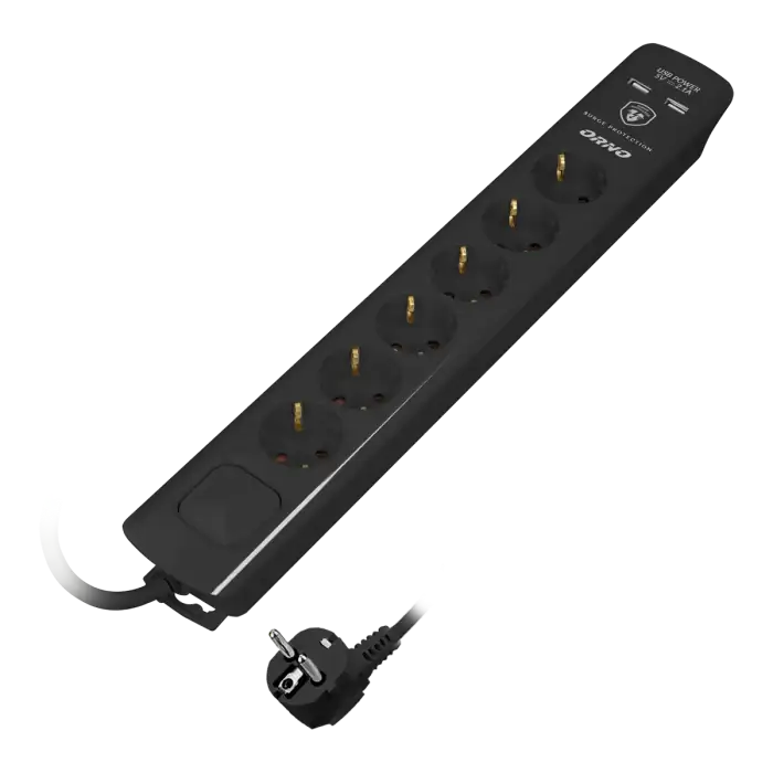 Power strip with surge protection and main switch, 6 sockets 2P+E (Schuko type), 2 USB chargers 2.1A., cable 3x1mm², 3m long, black