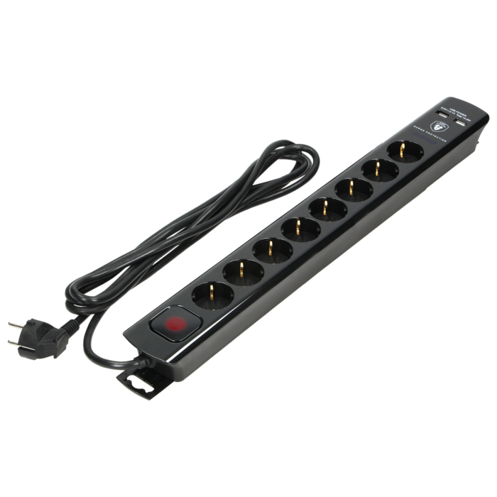 Power strip with surge protection, 8 sockets 2P+E (Schuko), 3x1.5mm2 cable, 3m long, with a two-way backlit switch, 16A / 230 VAC, surge protector type 3, 2xUSB 2.1A charger, black