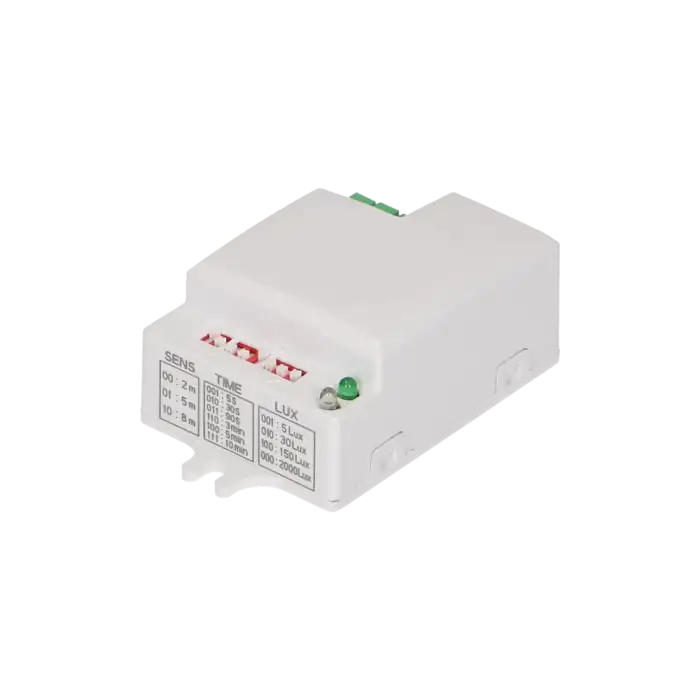 Αισθητήρας microwave mini με DIP διακόπτης για φορτίο έως 1200W εσωτερικού χώρου (IP20). Έχει εύρος γωνίας 360o και ρύθμιση ευαισθησίας 5-30-150-2000lux . Λειτουργεί με LED φωτισμό 5-30-90sec/3-5-10min 2-8m 568 / 25 / 394