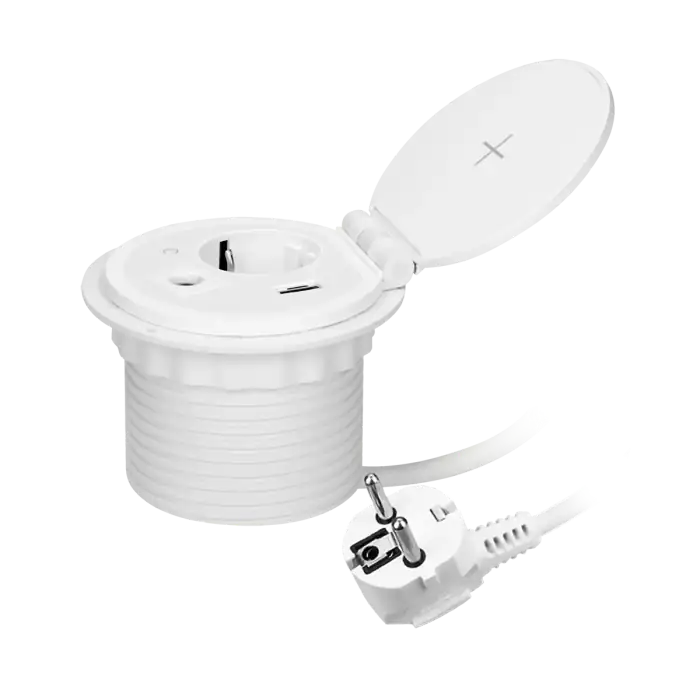 Recessed desk socket (Schuko) with induction charger, 2 USB ports (A, C) for quick charging and cable outlet with 1.8m cable, 2.4A 5V, Ø8cm, white