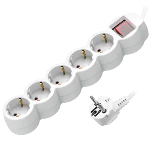 Extension sockets 5x 2P+E (schuko), with a central switch and a cord 1,5m long H05VV-F 3x1.0mm², white