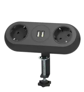 Desktop extension sockets with USB chargers and clamp holder, 2x2P+E (schuko), 2xUSB, 1.4m, black