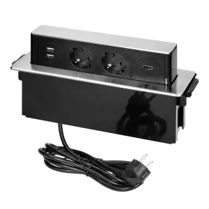 Recessed furniture power box with flat edge, USB chargers and 2m cord, 2x2P+E (Schuko), 2xUSB (A Type), HDMI, 3x1,5mm2, black-silver, INOX