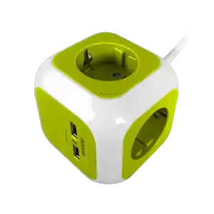 Cubical extension cord, 4 schuko sockets, 2 x USB charger, 1.4 m cable, lime