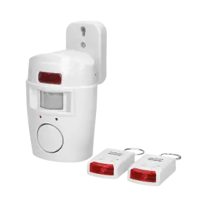 Mini wireless IR alarm with integrated siren and 2 remote control units, 6m operation range, battery-operated