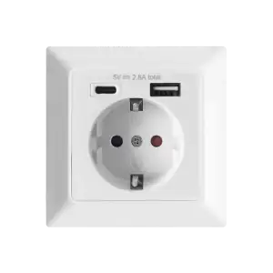 Single socket with two chargers USB-A + USB-C, 5VDC output, flush-mounted, Schuko, white