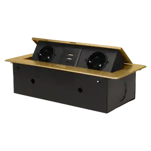 Recessed furniture sockets in a housing with a flat edge and USB charger, 2x2P+E (Schuko), 2xUSB, brass color