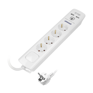 Power strip with surge protection, 4 sockets 2P+E (Schuko), 3x1.0mm2 cable, 3m long, with a two-way backlit switch, 16A / 230 VAC, surge protector type 3, 2xUSB 2.1A charger