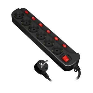 Multiswitch power strip with 6 2P+E sockets (Schuko type), cable 3x1mm², 1.5m long. Thermal protection switch, 10A/230 VAC, black