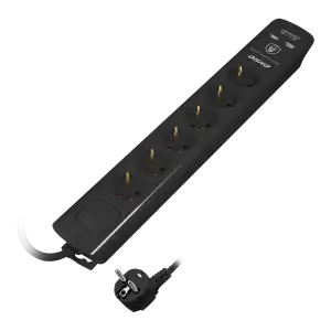 Power strip with surge protection and main switch, 6 sockets 2P+E (Schuko type), 2 USB chargers 2.1A., cable 3x1mm², 3m long, black