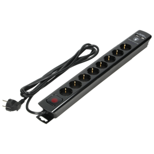 Power strip with surge protection, 8 sockets 2P+E (Schuko), 3x1.5mm2 cable, 3m long, with a two-way backlit switch, 16A / 230 VAC, surge protector type 3, 2xUSB 2.1A charger, black