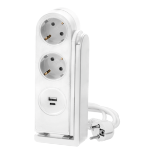 Desk power strip with USB charger and spring clip, Schuko version